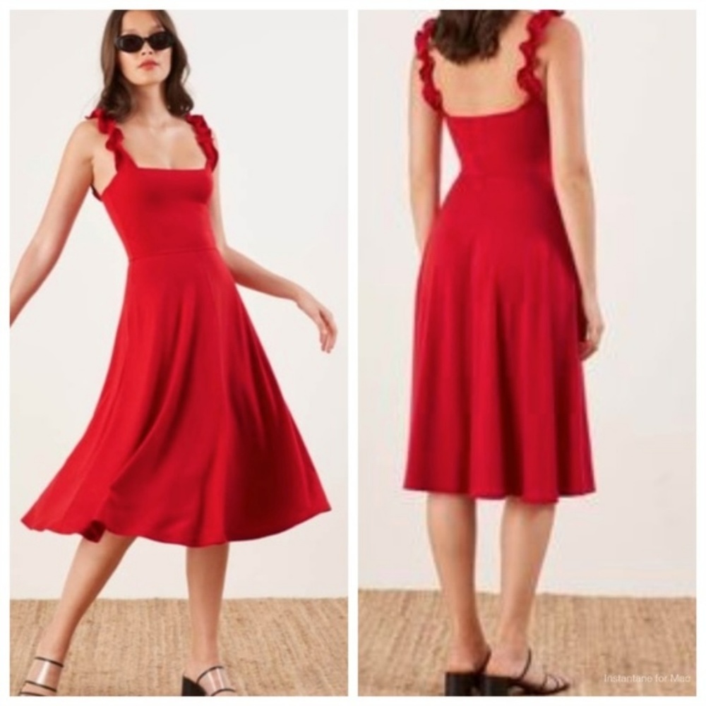 NEW Reformation Eda Ruffle Strap Dress Cherry Red - Picture 2 of 7